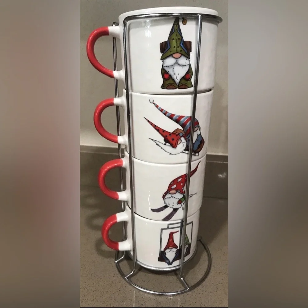 Set of 4 Christmas Gnomes Ceramic Stackable Coffee Mugs with Holder Prima Design